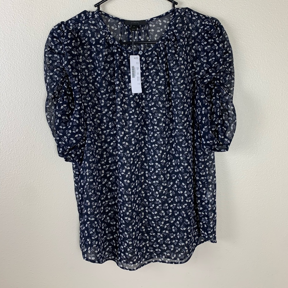 J. Crew Navy and White Floral Puff-Sleeve Blouse